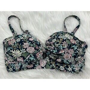 Kona Sol Bikini Swimsuit Top Bandeau Floral Tie Front Removable Strap SIZE D/DD